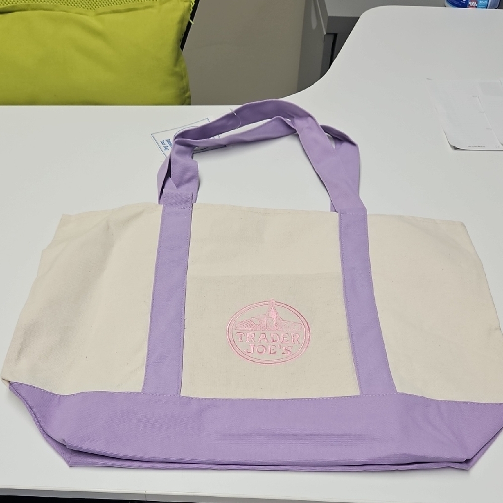 Large Trader Joe's Lavender & Cream Canvas Tote - Picture 3 of 3